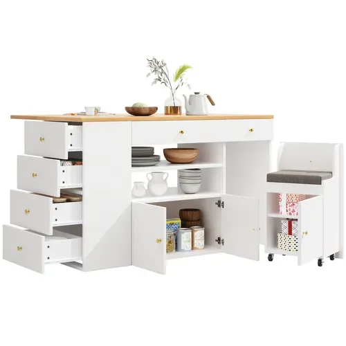 Îlot De Cuisine 140x40(70)x89 Cm Bois Blanc, 6 Tiroirs Et Tabouret à Roulettes, Étagères Ouvertes