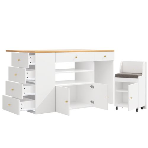 Îlot De Cuisine 140x40(70)x89 Cm Bois Blanc, 6 Tiroirs Et Tabouret à Roulettes, Étagères Ouvertes