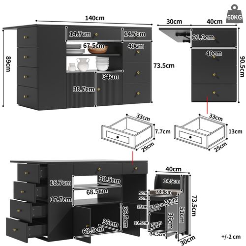 Îlot De Cuisine 140x40(70)x89 Cm En Bois Noir Avec 6 Tiroirs Et Tabouret, 2 Étagères Ouvertes