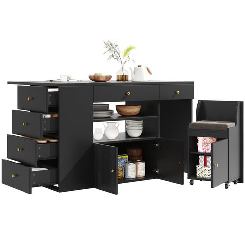 Îlot De Cuisine 140x40(70)x89 Cm En Bois Noir Avec 6 Tiroirs Et Tabouret, 2 Étagères Ouvertes