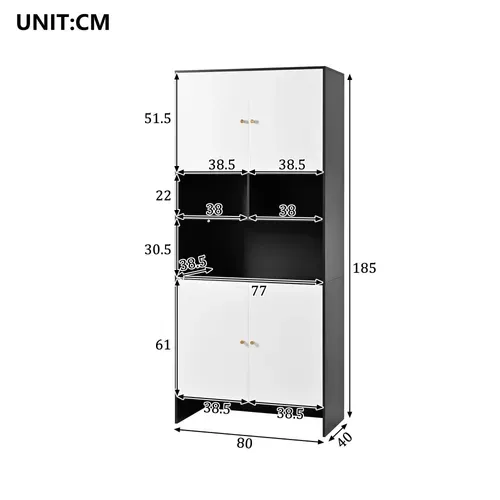 Buffet Haut, Armoire Blanc Et Noir 185cm Avec 4 Portes Et 3 Niches Ouvertes, Rangement Salon
