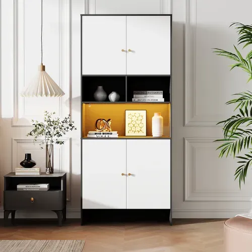 Buffet Haut, Armoire Blanc Et Noir 185cm Avec 4 Portes Et 3 Niches Ouvertes, Rangement Salon