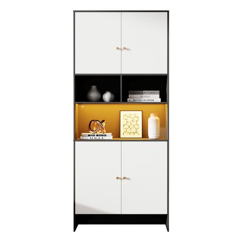 Buffet Haut, Armoire Blanc Et Noir 185cm Avec 4 Portes Et 3 Niches Ouvertes, Rangement Salon
