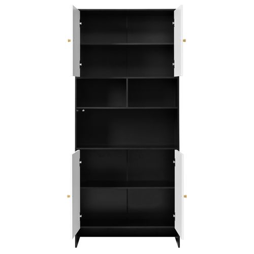 Buffet Haut, Armoire Blanc Et Noir 185cm Avec 4 Portes Et 3 Niches Ouvertes, Rangement Salon