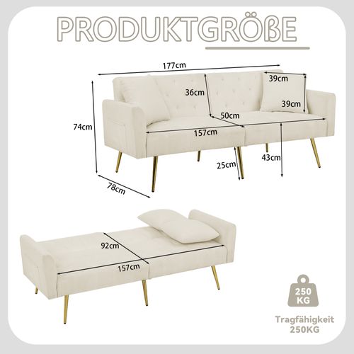 Canapé Convertible 2 Places En Tissu Teddy Beige, Dossier Réglable, 2 Coussins