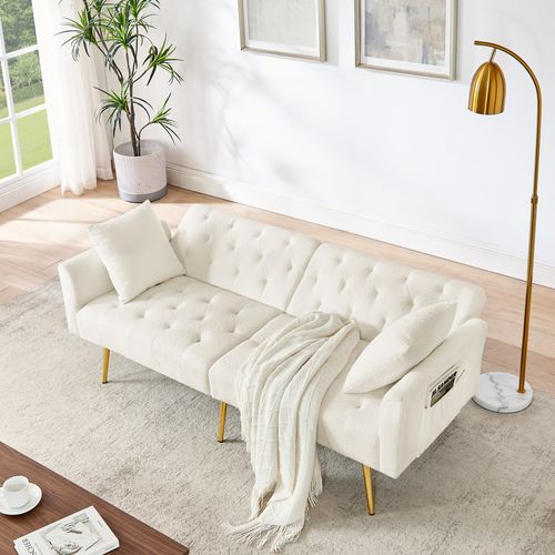 Canapé Convertible 2 Places En Tissu Teddy Beige, Dossier Réglable, 2 Coussins