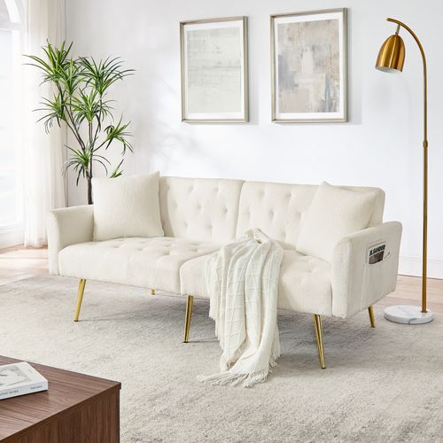 Canapé Convertible 2 Places En Tissu Teddy Beige, Dossier Réglable, 2 Coussins
