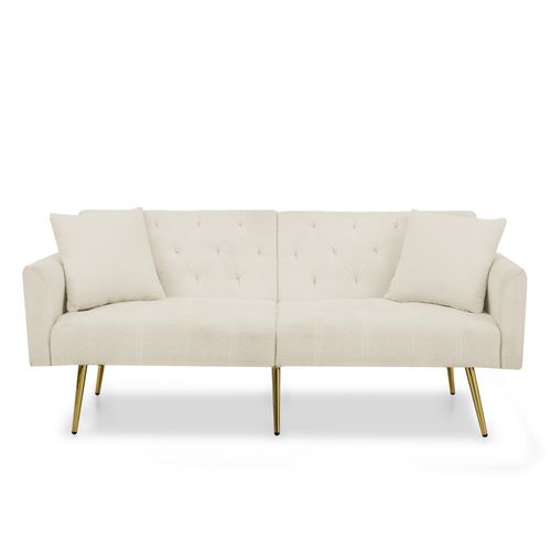 Canapé Convertible 2 Places En Tissu Teddy Beige, Dossier Réglable, 2 Coussins