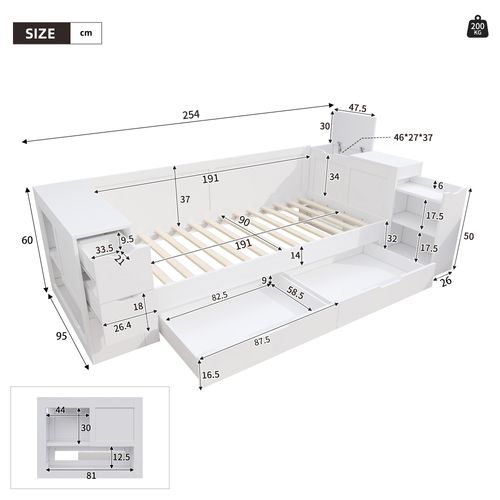 Lit Enfant 90x190 Cm Avec Rangements, Tiroirs Et Chevet Coulissant, Bois Blanc
