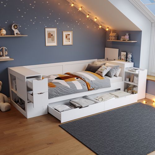 Lit Enfant 90x190 Cm Avec Rangements, Tiroirs Et Chevet Coulissant, Bois Blanc
