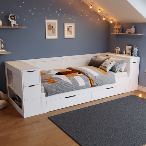 Lit Enfant 90x190 Cm Avec Rangements, Tiroirs Et Chevet Coulissant, Bois Blanc