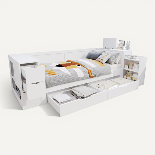 Lit Enfant 90x190 Cm Avec Rangements, Tiroirs Et Chevet Coulissant, Bois Blanc