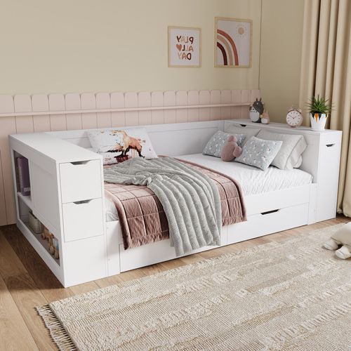 Lit Enfant 90x190 Cm Avec Rangements, Tiroirs Et Chevet Coulissant, Bois Blanc
