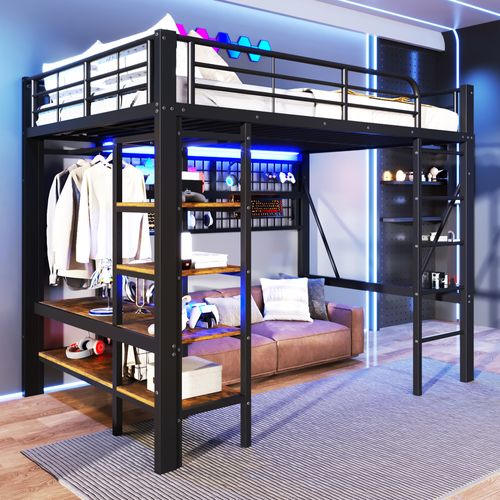 Lit Mezzanine Adulte 140x200 Cm En Métal Noir Avec LED, Penderie, Étagère Et Filet De Rangement