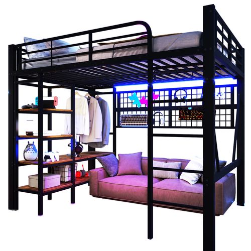 Lit Mezzanine Adulte 140x200 Cm En Métal Noir Avec LED, Penderie, Étagère Et Filet De Rangement