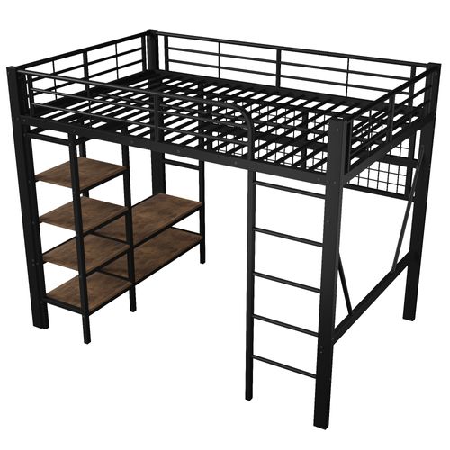 Lit Mezzanine Adulte 140x200 Cm En Métal Noir Avec LED, Penderie, Étagère Et Filet De Rangement