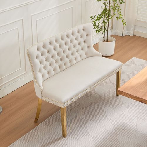 Banquette 2 Places Velours Beige, Pieds Métal Doré - Salle à Manger Et Salon