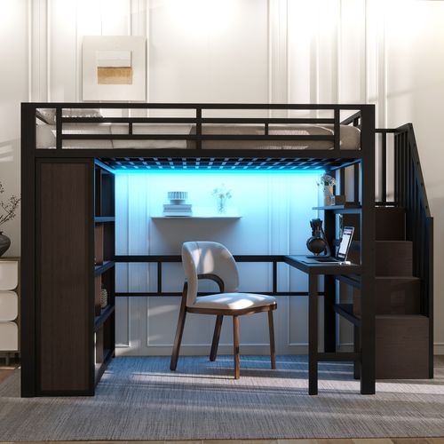 Lit Mezzanine Adulte 140x200 Cm Avec Bureau, Étagères, LED Et Rangements, En Métal Noir