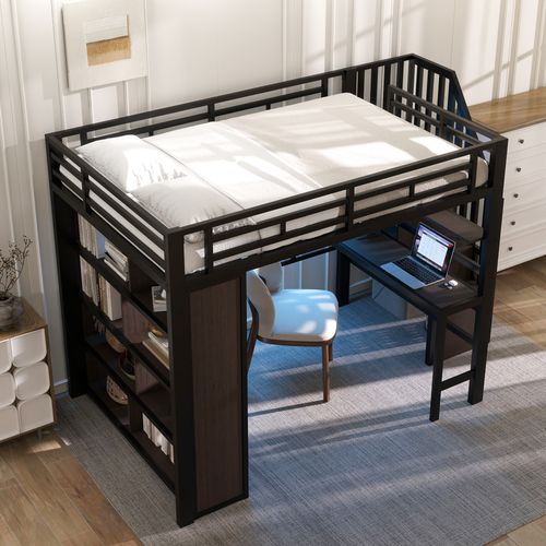Lit Mezzanine Adulte 140x200 Cm Avec Bureau, Étagères, LED Et Rangements, En Métal Noir