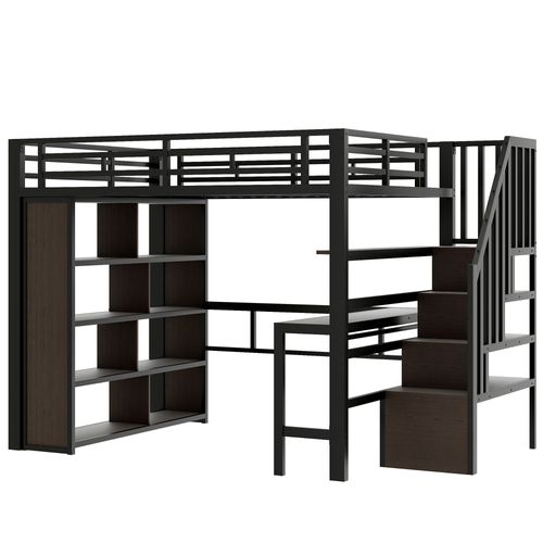 Lit Mezzanine Adulte 140x200 Cm Avec Bureau, Étagères, LED Et Rangements, En Métal Noir