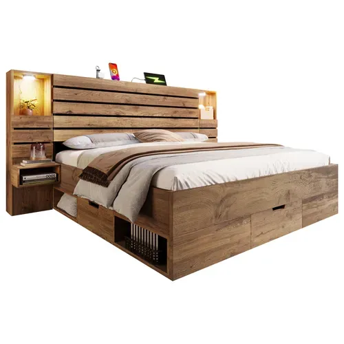 Lit Adulte 160x200 Cm Avec Chevets, LED, Ports USB/type-c, 3 Tiroirs, Bois Chêne