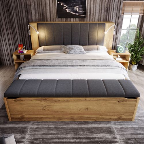 Lit Adulte 160x200 Cm Bois Couleur Chêne Avec 2 Lampes LED, Ports USB, Chevets Et Rangements