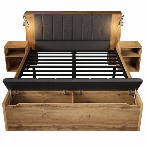 Lit Adulte 160x200 Cm Bois Couleur Chêne Avec 2 Lampes LED, Ports USB, Chevets Et Rangements