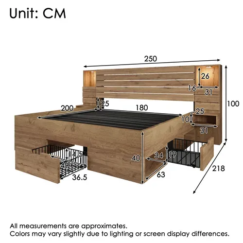 Lit Adulte 180x200 Cm Bois Chêne Avec LED, 3 Tiroirs, Tables De Chevet, LED Et Ports USB/type-c