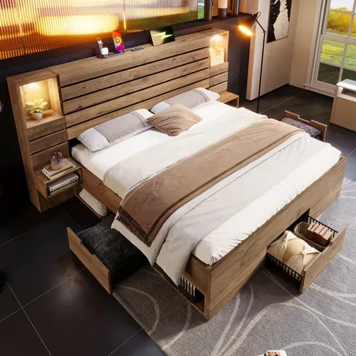 Lit Adulte 180x200 Cm Bois Chêne Avec LED, 3 Tiroirs, Tables De Chevet, LED Et Ports USB/type-c