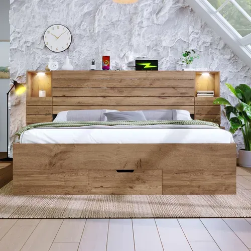 Lit Adulte 180x200 Cm Bois Chêne Avec LED, 3 Tiroirs, Tables De Chevet, LED Et Ports USB/type-c
