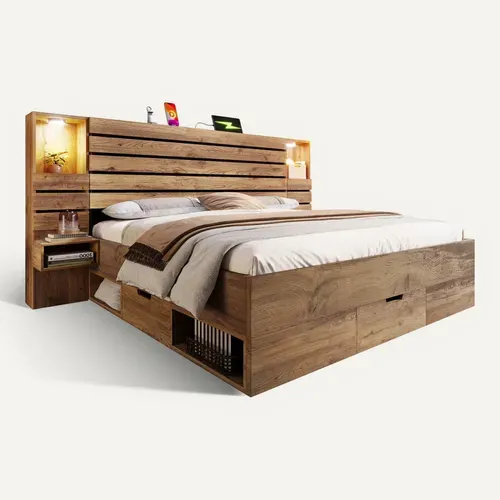 Lit Adulte 180x200 Cm Bois Chêne Avec LED, 3 Tiroirs, Tables De Chevet, LED Et Ports USB/type-c
