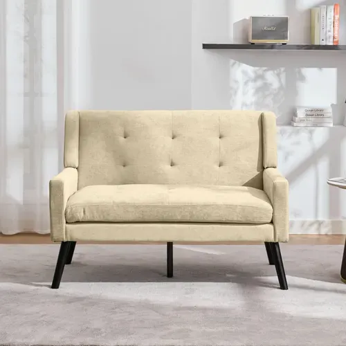 Banquette, Canapé 2 Places En Lin Beige, Pieds En Bois Antidérapants