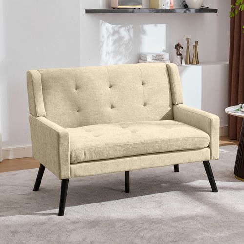 Banquette, Canapé 2 Places En Lin Beige, Pieds En Bois Antidérapants