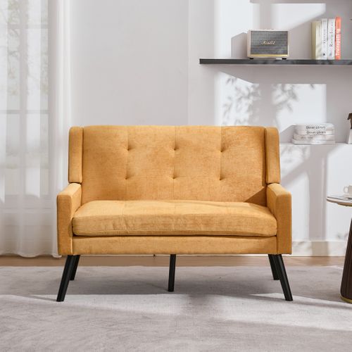 Banquette, Canapé 2 Places En Tissu Jaune, Pieds En Bois Antidérapants