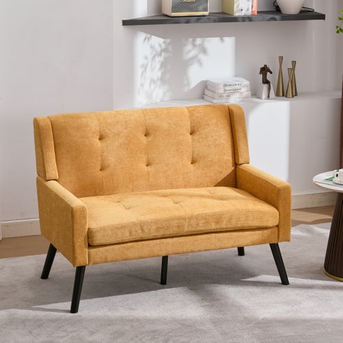 Banquette, Canapé 2 Places En Tissu Jaune, Pieds En Bois Antidérapants