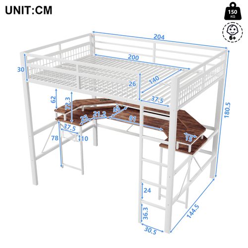 Lit Mezzanine Adulte 140x200 Cm Avec Échelle, Bureau Intégré, LED, Prises USB/type-c, Métal Blanc
