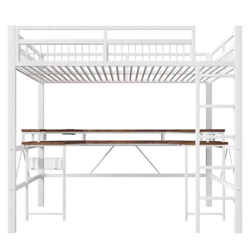 Lit Mezzanine Adulte 140x200 Cm Avec Échelle, Bureau Intégré, LED, Prises USB/type-c, Métal Blanc