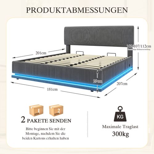 Lit Adulte 180x200 Cm Velours Côtelé Gris Foncé Avec Coffre, LED Et Ports USB-c, Sommier à Lattes