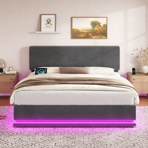 Lit Adulte 180x200 Cm Velours Côtelé Gris Foncé Avec Coffre, LED Et Ports USB-c, Sommier à Lattes