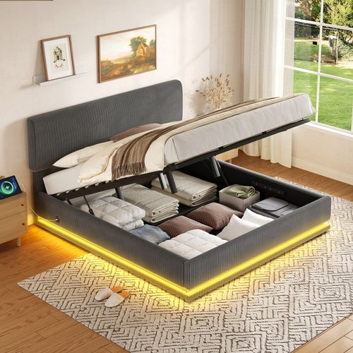 Lit Adulte 180x200 Cm Velours Côtelé Gris Foncé Avec Coffre, LED Et Ports USB-c, Sommier à Lattes