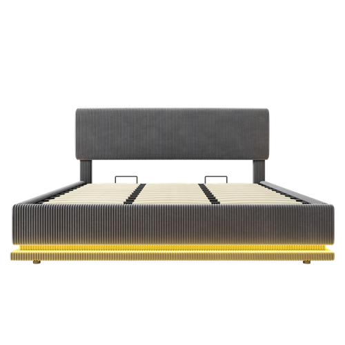 Lit Adulte 180x200 Cm Velours Côtelé Gris Foncé Avec Coffre, LED Et Ports USB-c, Sommier à Lattes