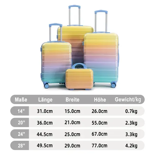 Set De 4 Valises Rigides PC 14/20/24/28 Pouces Jaune Avec Serrure À Code