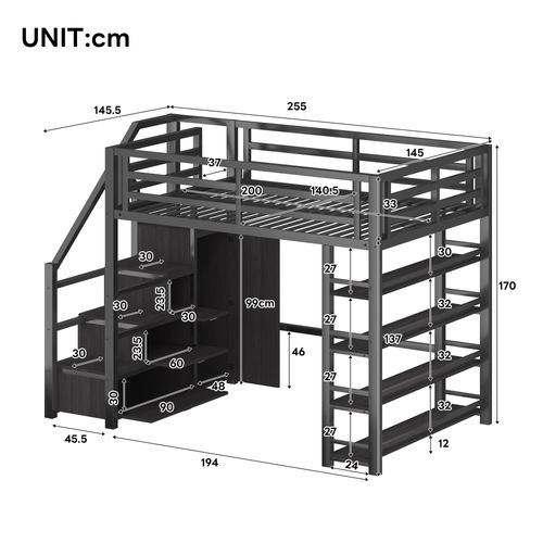 Lit Mezzanine Adulte 140x200 Cm Avec 4 Étagères, LED, Escalier, Bureau Et Armoire, Métal Noir