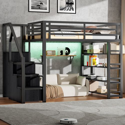 Lit Mezzanine Adulte 140x200 Cm Avec 4 Étagères, LED, Escalier, Bureau Et Armoire, Métal Noir