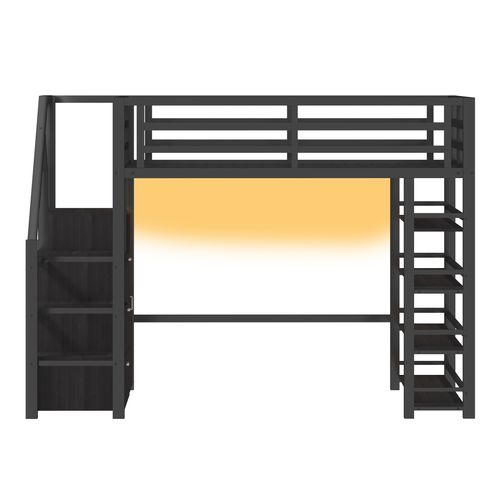 Lit Mezzanine Adulte 140x200 Cm Avec 4 Étagères, LED, Escalier, Bureau Et Armoire, Métal Noir