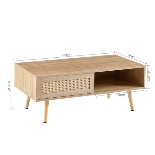 Table Basse Salon Avec Porte Coulissante En Rotin, Couleurs Bois Naturel 105x55x41.5 Cm