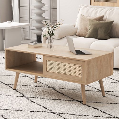 Table Basse Salon Avec Porte Coulissante En Rotin, Couleurs Bois Naturel 105x55x41.5 Cm