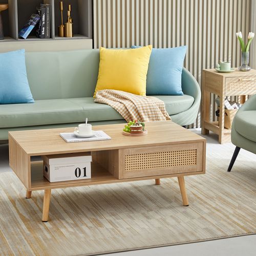 Table Basse Salon Avec Porte Coulissante En Rotin, Couleurs Bois Naturel 105x55x41.5 Cm