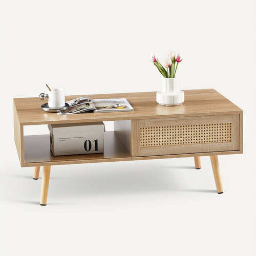Table Basse Salon Avec Porte Coulissante En Rotin, Couleurs Bois Naturel 105x55x41.5 Cm