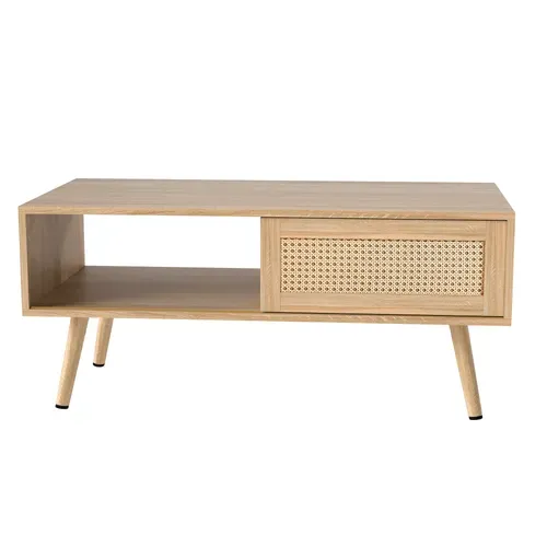 Table Basse Salon Avec Porte Coulissante En Rotin, Couleurs Bois Naturel 105x55x41.5 Cm
